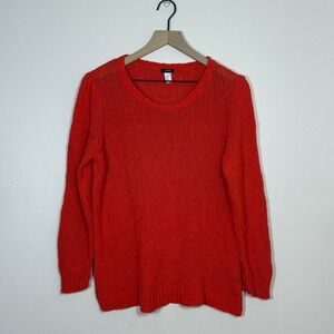 J. Crew Women Pullover Sweater L Orange Red Cotton Linen Open Knit Long Sleeve